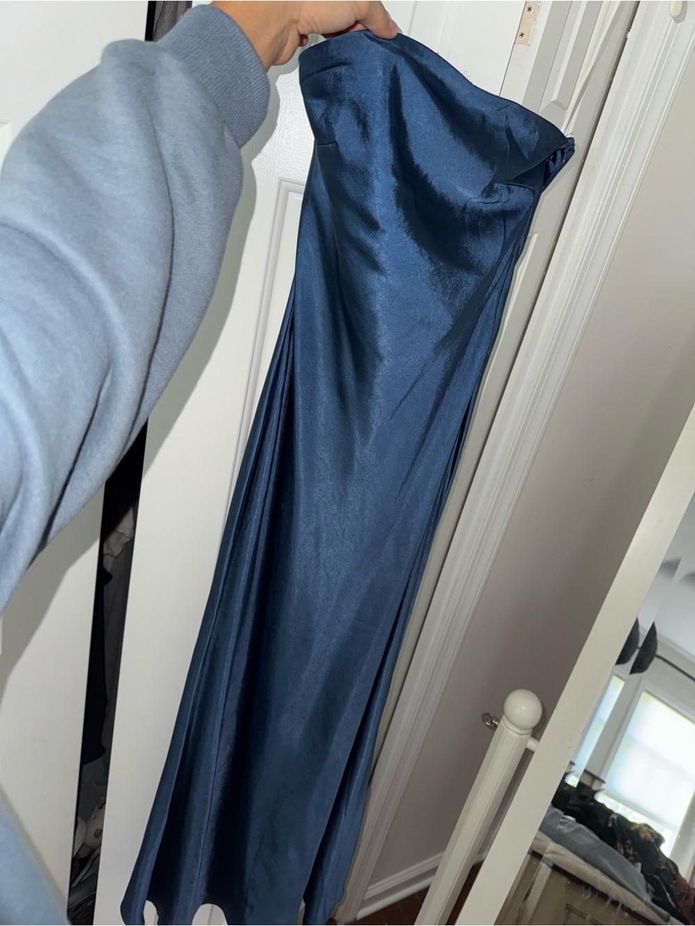 Princess Polly Strapless Satin Gown in Navy Blue
